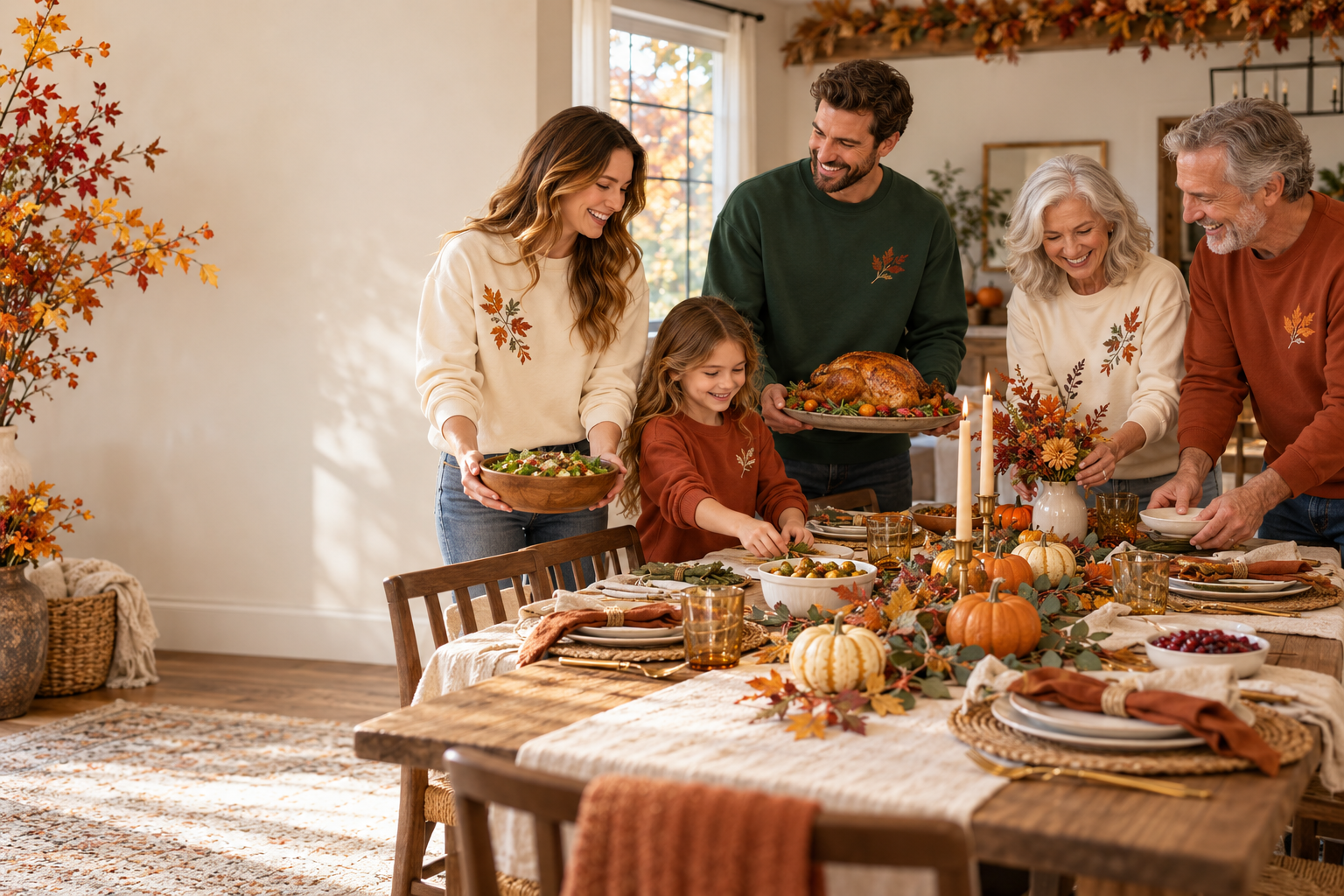 Family gathering around a Thanksgiving table wearing autumn-inspired apparel